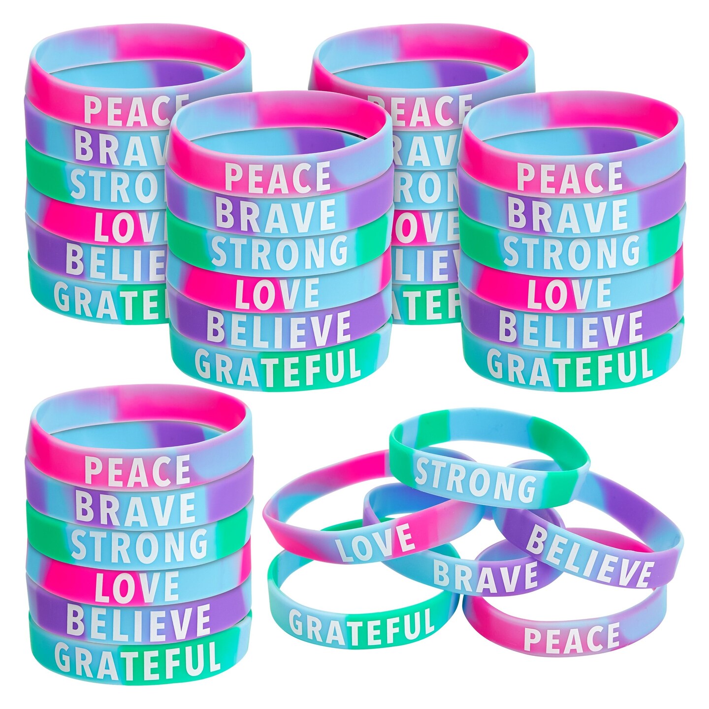 36 Pack Inspirational Rubber Bracelets, Motivational Silicone Wristbands, Tie Dye Party Favors for Kids and Adults