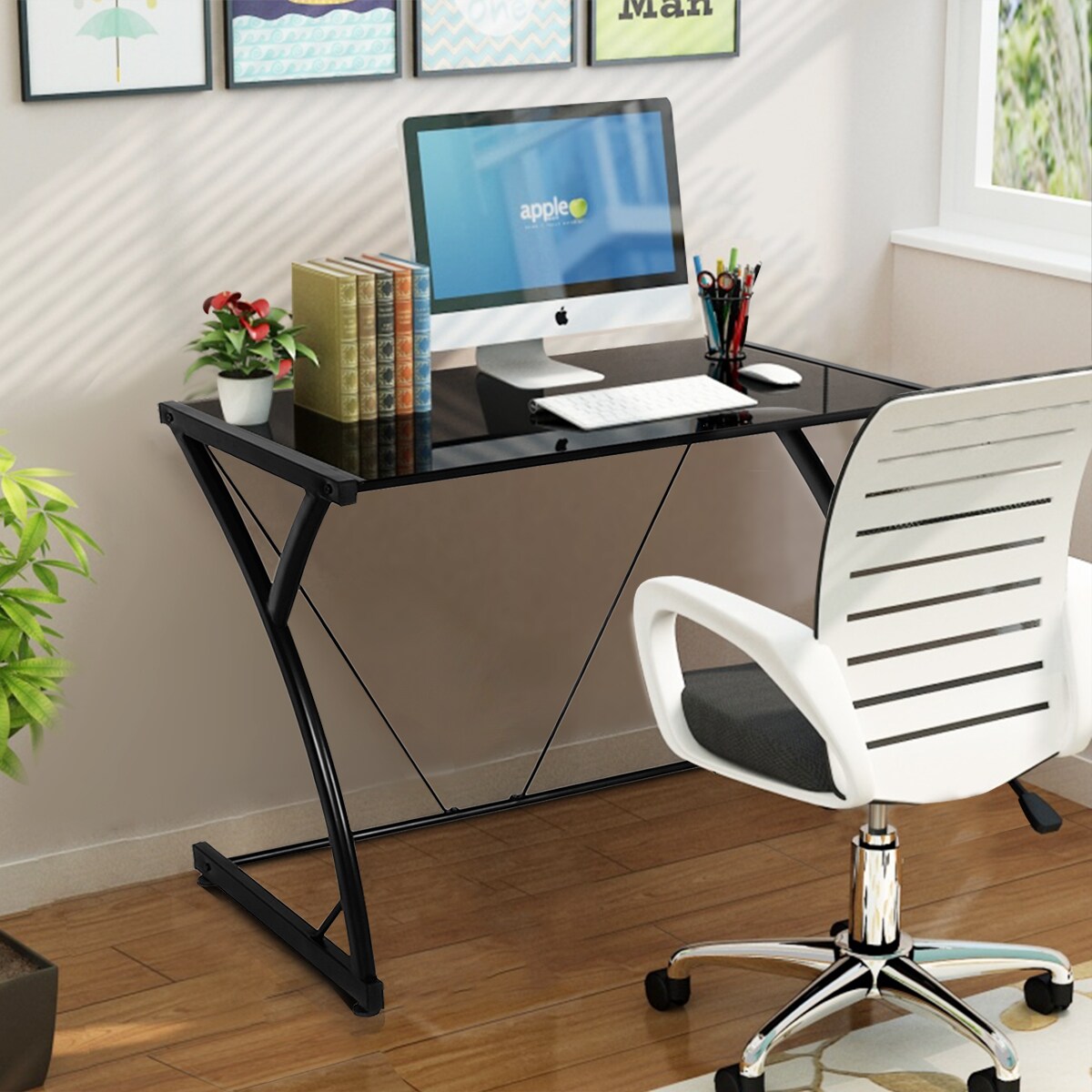 Glass Top Computer Desk Laptop Writing Study Workstation Z-Shaped Metal Frame