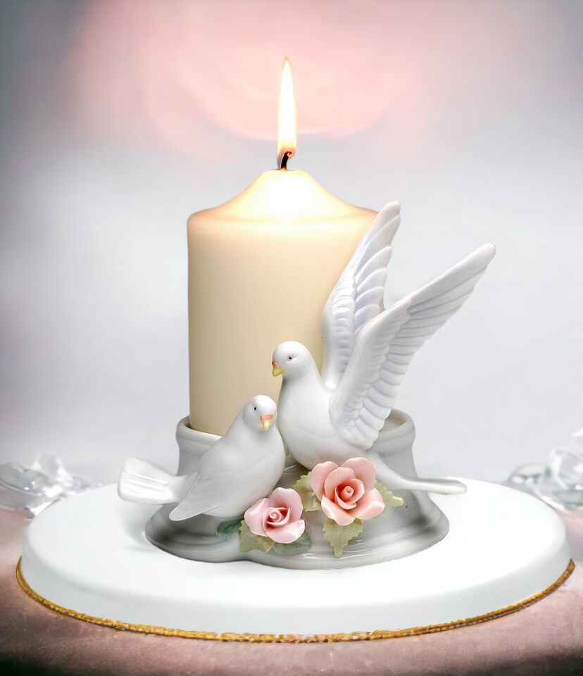 Ceramic Couple Of Doves 3" Pillar Candle Holder