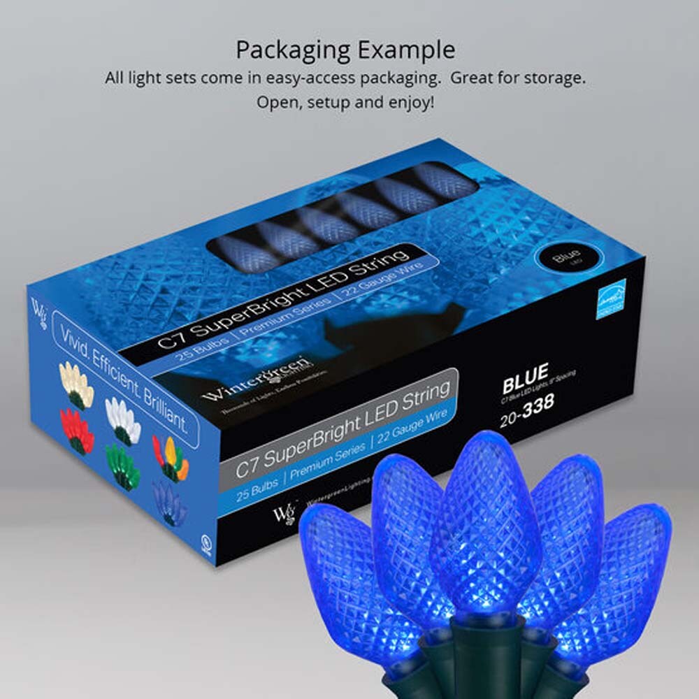 25 Blue C7 LED Christmas Lights, Green Wire, 8&#x22; Spacing