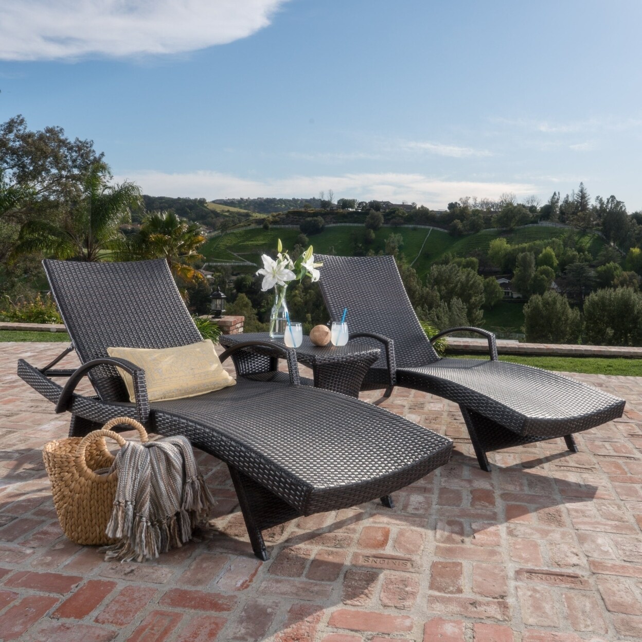 GDFStudio Lakeport Outdoor 3 Piece Mutlibrown Wicker Chaise Lounge