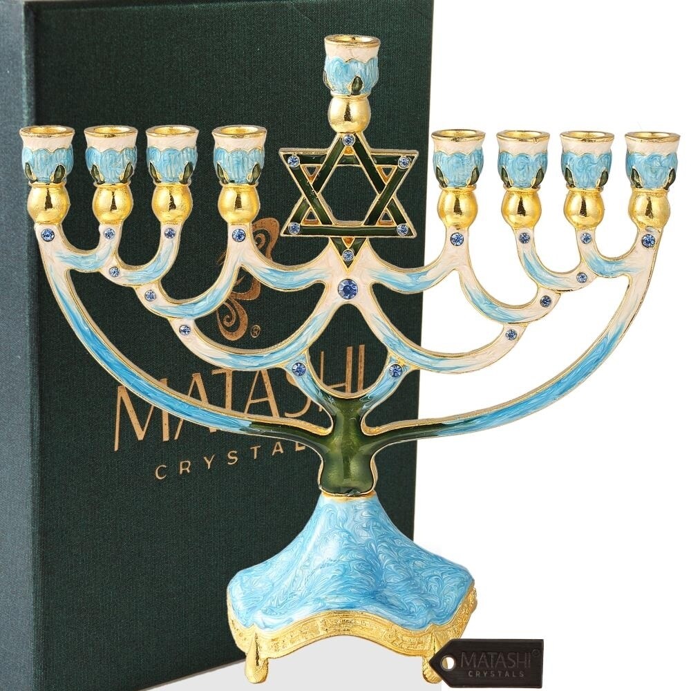 Matashi   Hand Painted Enamel Menorah Candelabra with a Star of David Design and w/ Gold Accents and Crystals Jewish