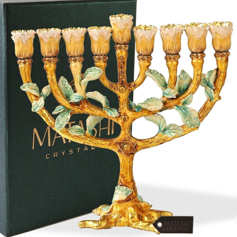 Hand Painted Enamel Menorah Candelabra w/ Tree & Flower Buds Design w/ Gold Accents, Crystals 2024 Jewish Candle Holder Hanukkah Gift by Matashi