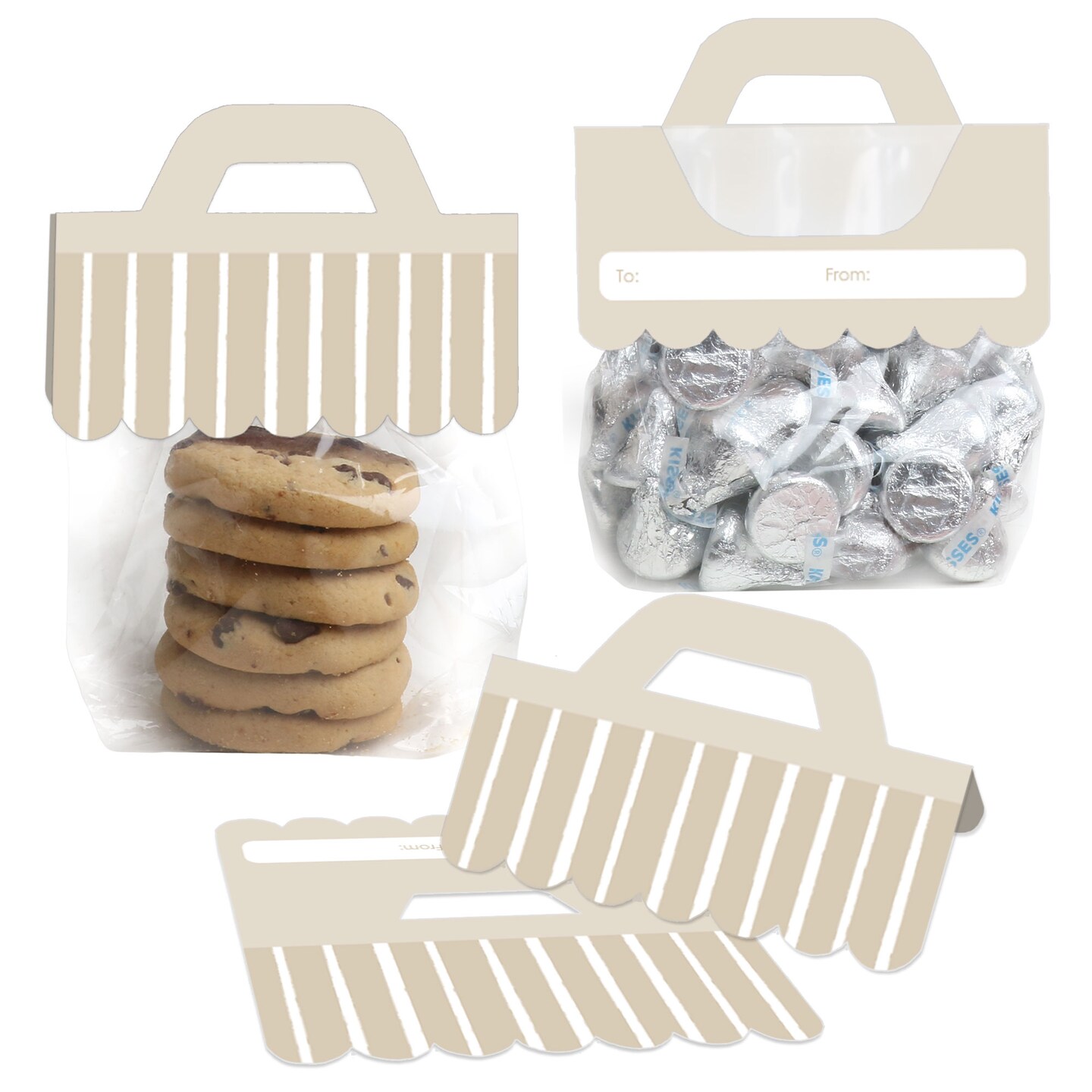 Big Dot of Happiness Tan Stripes - DIY Simple Party Clear Goodie Favor Bag Labels - Candy Bags with Toppers - Set of 24