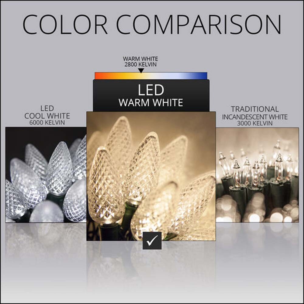 25 Warm White C9 LED Christmas Lights, Green Wire, 8&#x22; Spacing