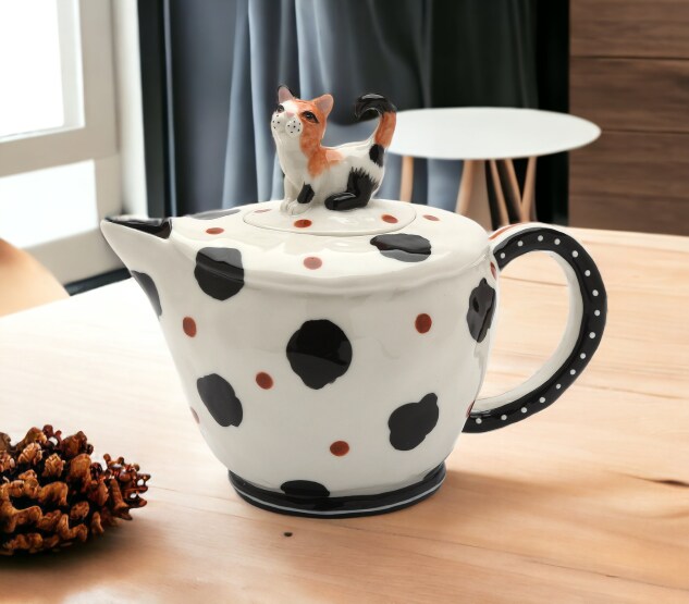 Ceramic Cow-Print Cat Teapot, Gift for Her, Gift for Mom, Tea Party D&#xE9;cor, Caf&#xE9; D&#xE9;cor, Farmhouse D&#xE9;cor, Kitchen Decor, Cat Lover Gift