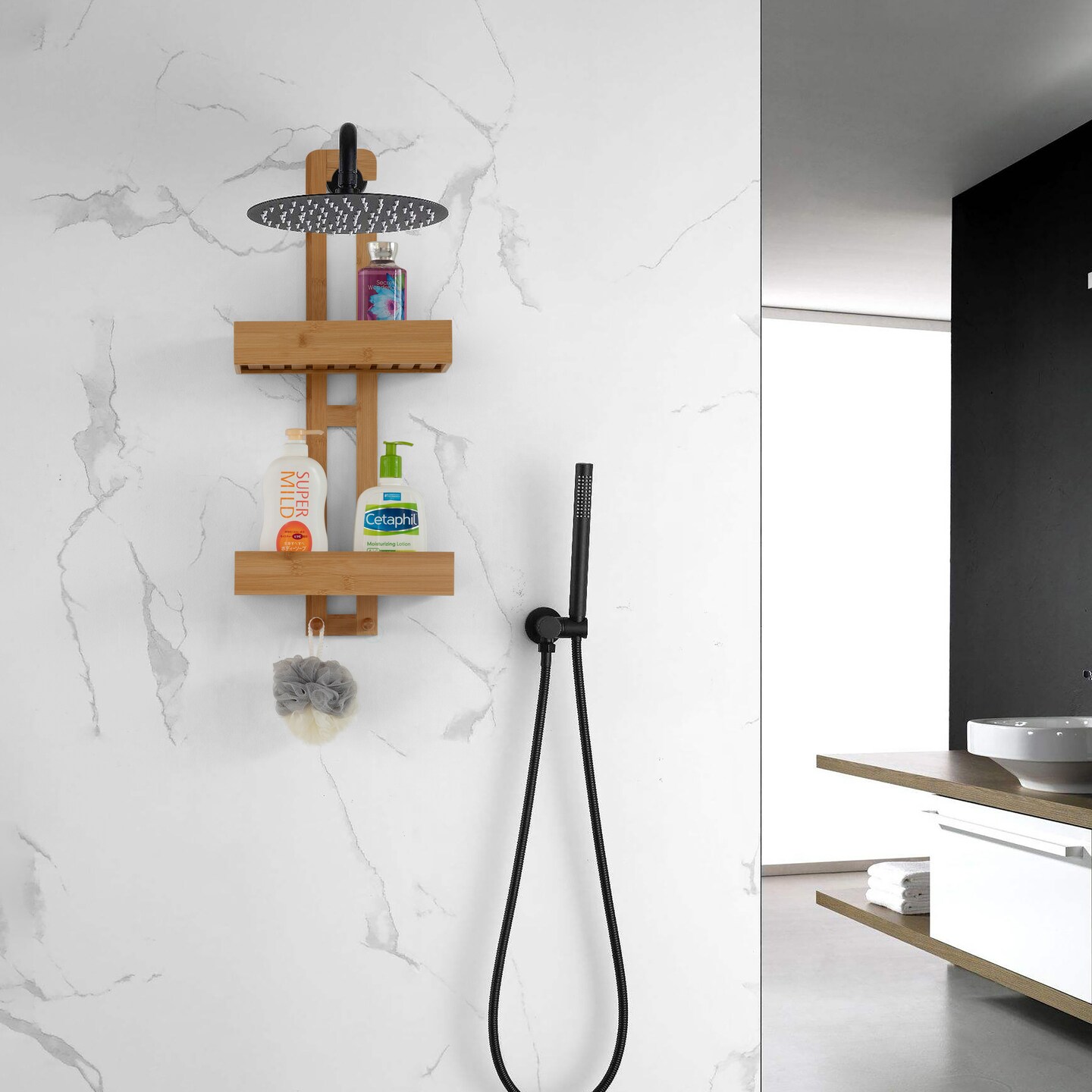 Bathroom Multi-function Natural Bamboo Storage Rack Over Shower Head Organizer, Shower Ball, Shampoo, Conditioner, Soap Holder