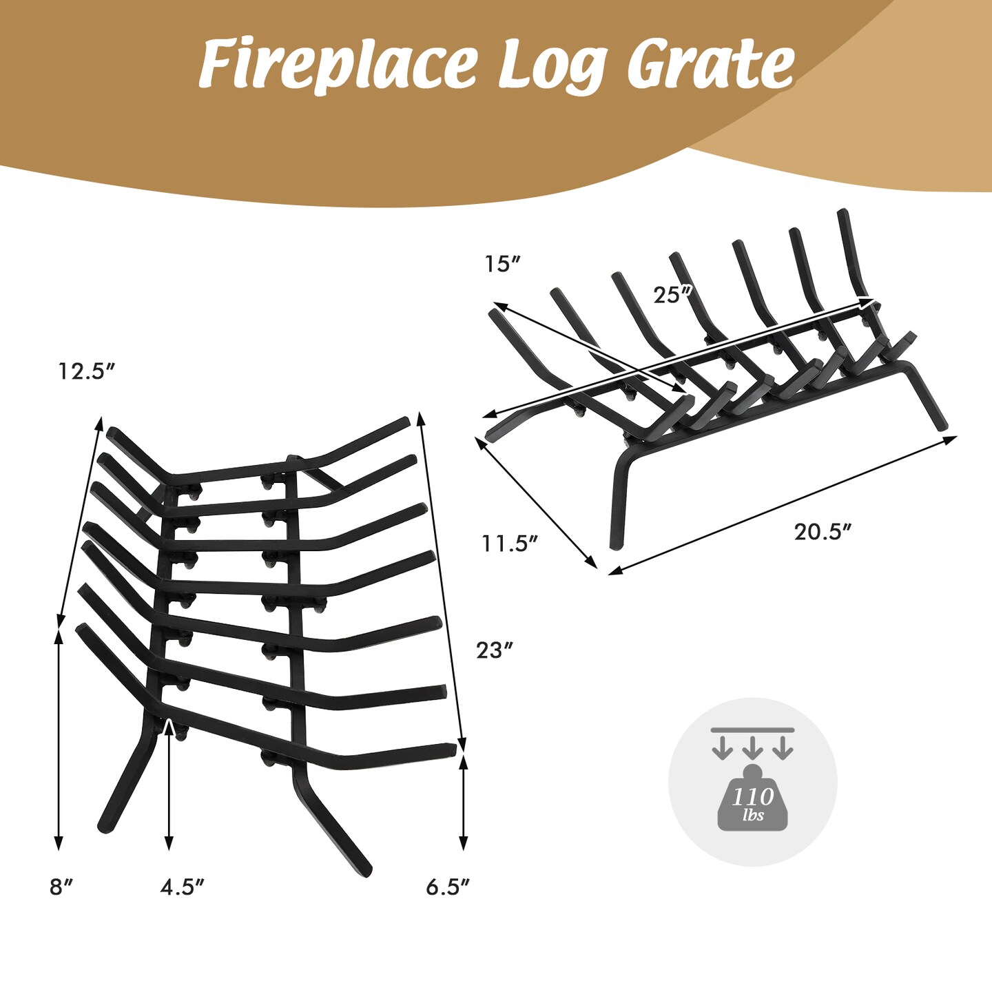 Black Metal Fireplace Grate for Outdoor Fire Pit with V-Shaped Design