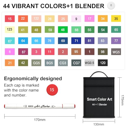 Art Markers, 44 Coloring Markers and 1 Blender, 45 Pack Alcohol Based Dual Tip Permanent Highlighters with Case, Excellent for Adults Kids Marking Drawing Sketching