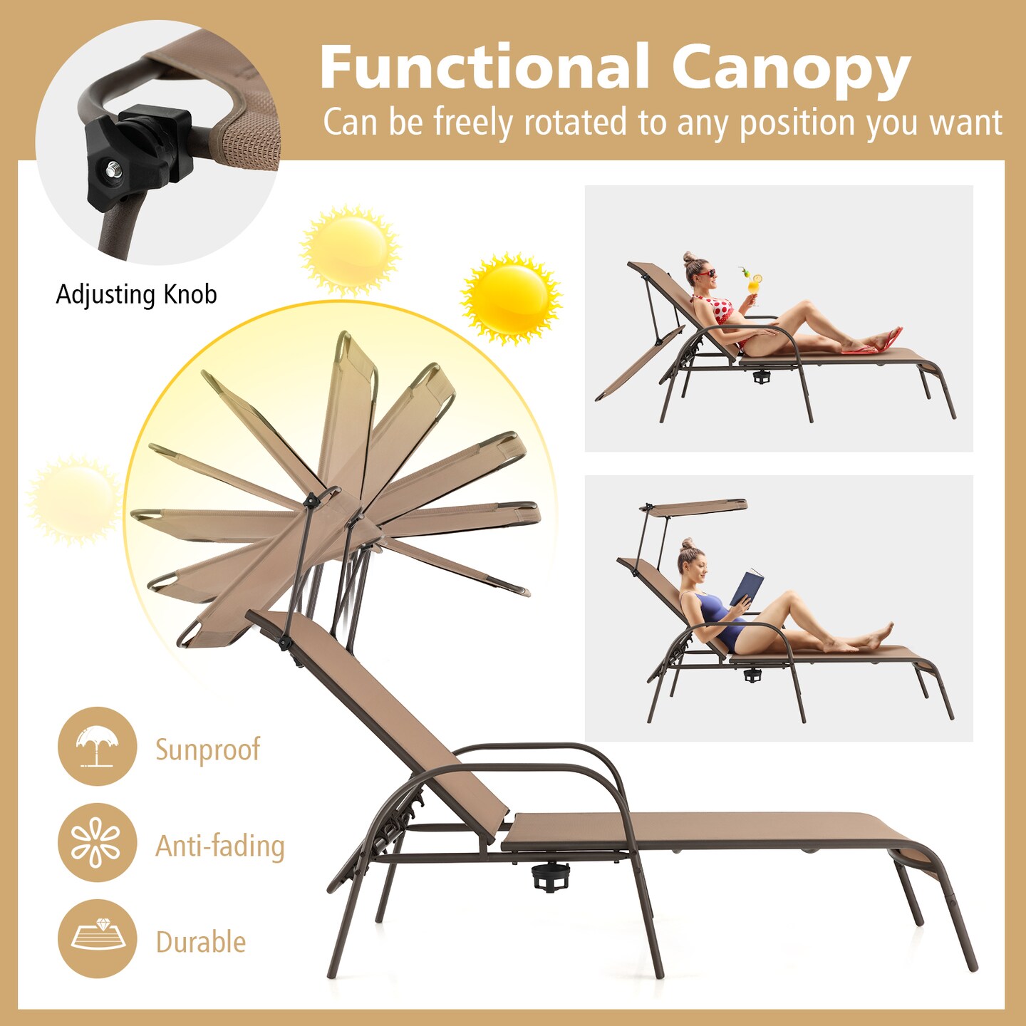 Adjustable Patio Chaise Lounge with Sun Canopy and Cup Holder Brown