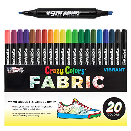 Super Markers 20 Unique Colors Dual Tip Fabric & T-Shirt Marker Set-Double-Ended with Chisel Point and Fine Point Tips - 20 Permanent Ink Vibrant and Bold Colors