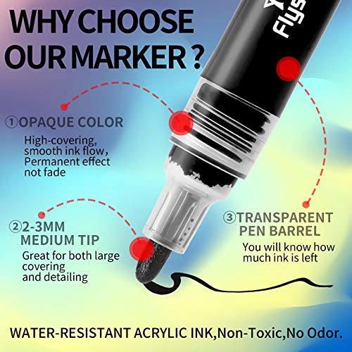 Black Acrylic Paint pens (6 Pack) Variety Pack - Extra Fine 0.7MM & Medium Tip 2-3MM - Water Based Paint Markers for Rock Painting, Stone, Ceramic, Glass, Wood, Canvas (BLACK)