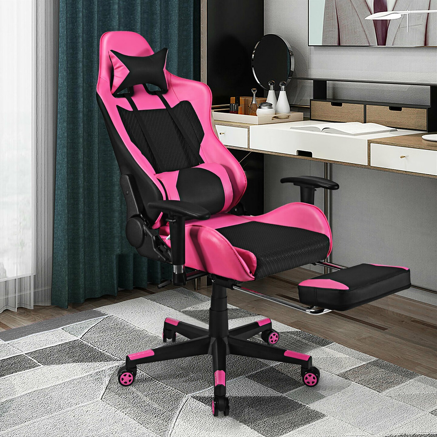Costway Massage Gaming Chair Reclining Racing Office Computer Chair with Footrest White\Blue\Pink\Red