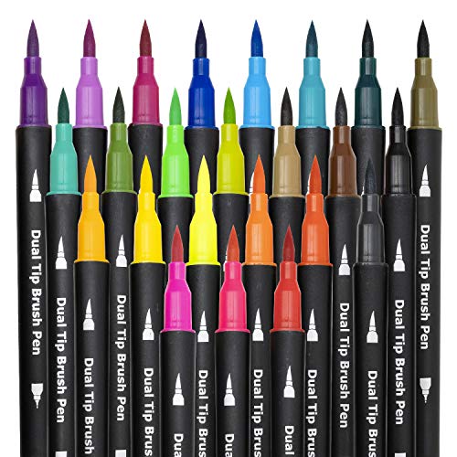 24 Colored Markers,Dual Brush Marker Pens,Fine Point and Brush Tip for Kids Adult Coloring Books Bullet Journals Planners,Note Taking Coloring Writing