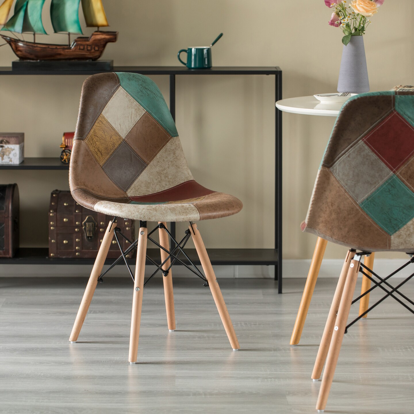 Modern Fabric Patchwork Chair with Leather and Suede Like Tones with Wooden Legs for Kitchen, Dining Room, Entryway, Living Room