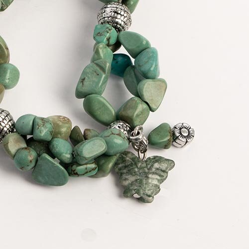 Earth's Jewels Semi-Precious Dyed Stabilized Turquoise 3-Strand Chips Stretch Bracelet, Butterfly Charm