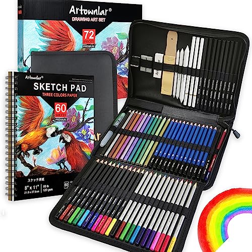 Artownlar 72 Pack Drawing Sketching Set with 8x11" Sketchbook | Pro Art Supplies Kit for Artist Adults Teens Beginner | Tutorial, Graphite Charcoal, Watercolor & Metallic Colored Pencils in Gift Case.