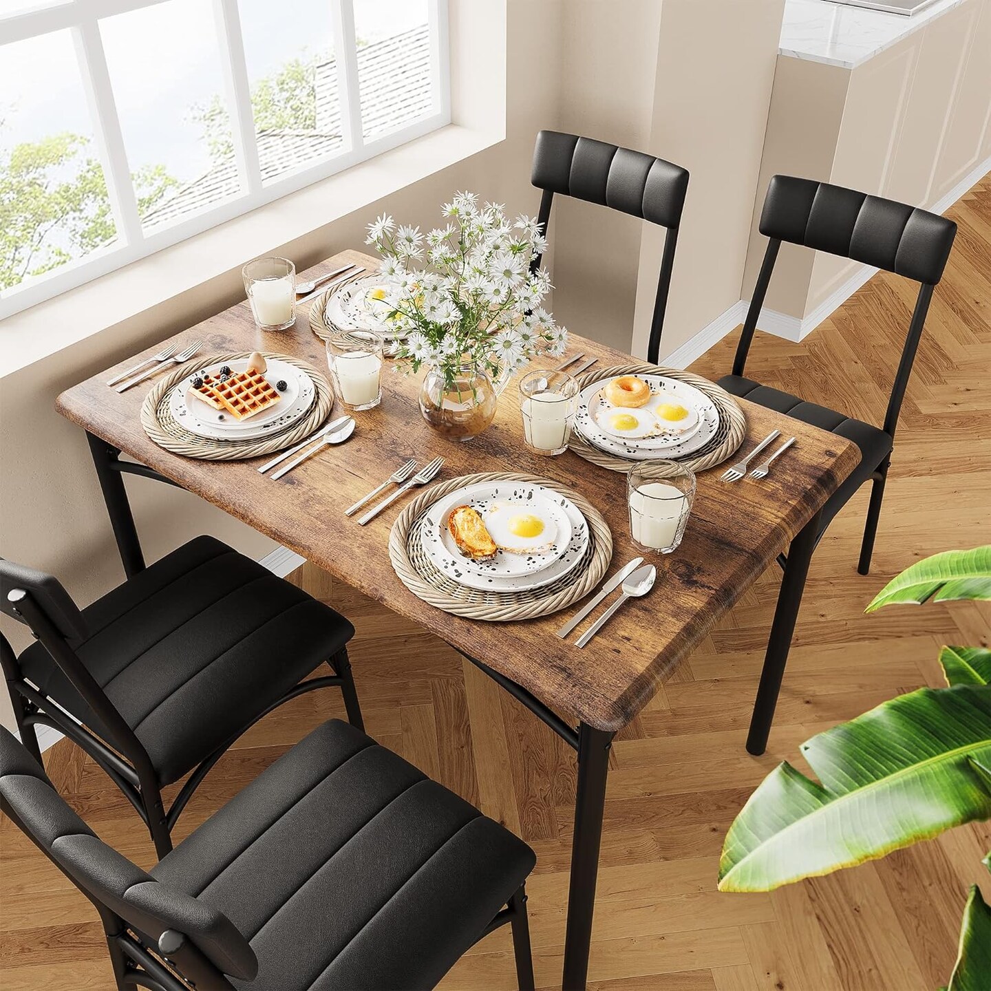 Rectangular Dining Room Table Set with 4 Upholstered Chairs