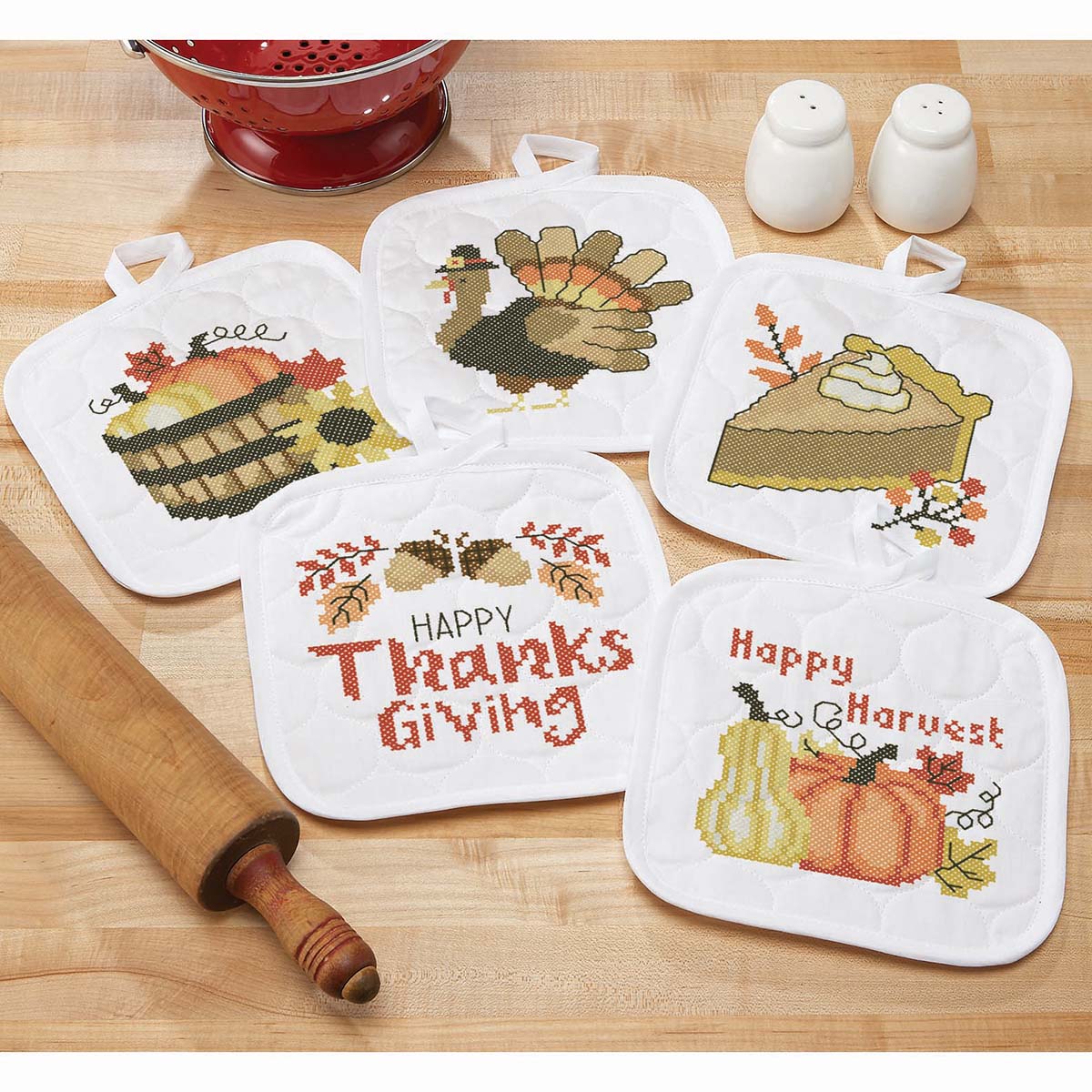 Herrschners  Happy Harvest Pot Holders Stamped Cross-Stitch