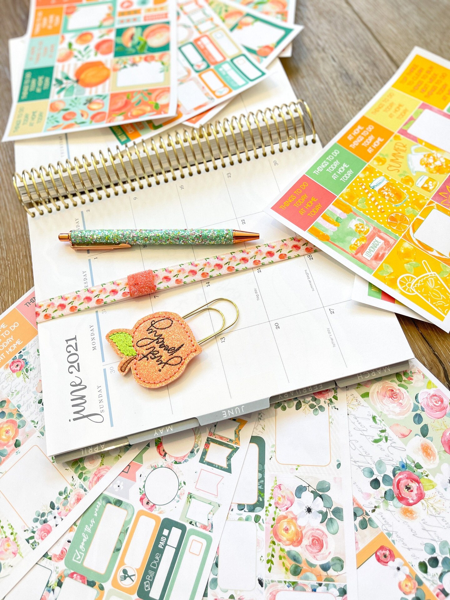 Peaches, Lemonade &#x26; Neutral Spring Floral Themed Box of Planner Stickers &#x26; Accessories (#SUB2021006)