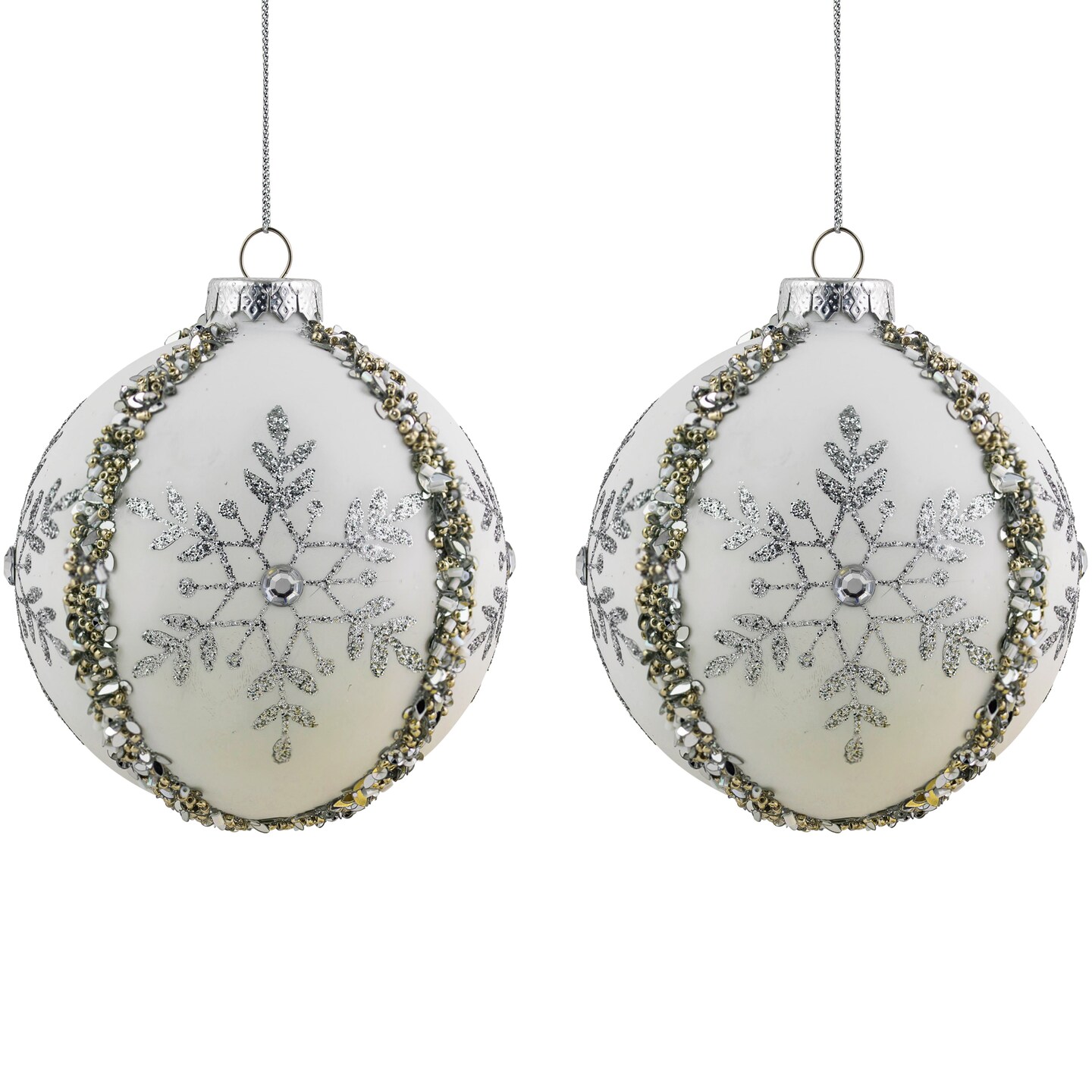 Northlight Set of 2 Matte White Sequin Glitter Snowflake Glass Christmas  Ornaments 4