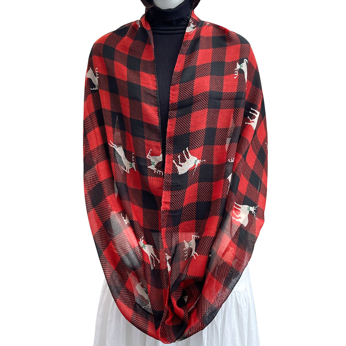 Wrapables Lightweight Winter Holiday Infinity Scarf, Reindeer Plaid Red