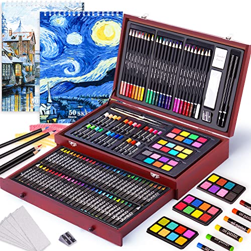 145 Piece Deluxe Art Set with 2 x 50 Sheet Drawing Pad, Art Supplies Wooden Art  Box, Drawing Painting Kit with Crayons, Oil Pastels, Colored Pencils,  Creative Gift Box for Adults Artist Beginners