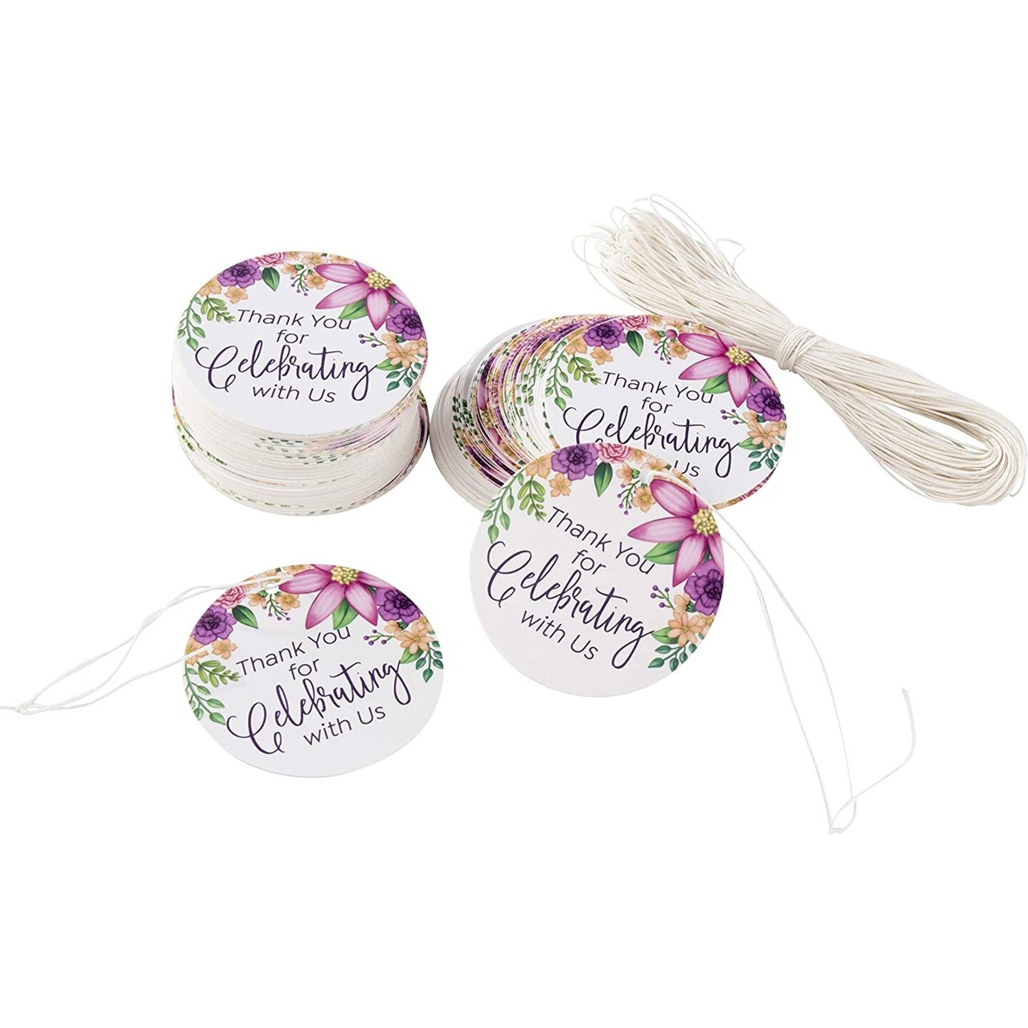 120-Pack 2.1 Inch Floral Round &#x22;Thank You for Celebrating with Us&#x22; Paper Gift Tags Hang Labels String
