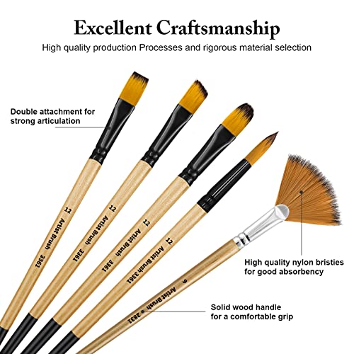 32 Pieces Paint Brush Set, Artist Series, Nylon Bristles with Round, Filbert, Flat, Fan, Angle, Fine Detail Brush, Suitable for Artists and Beginners for Acrylic Painting, Oil, Watercolor
