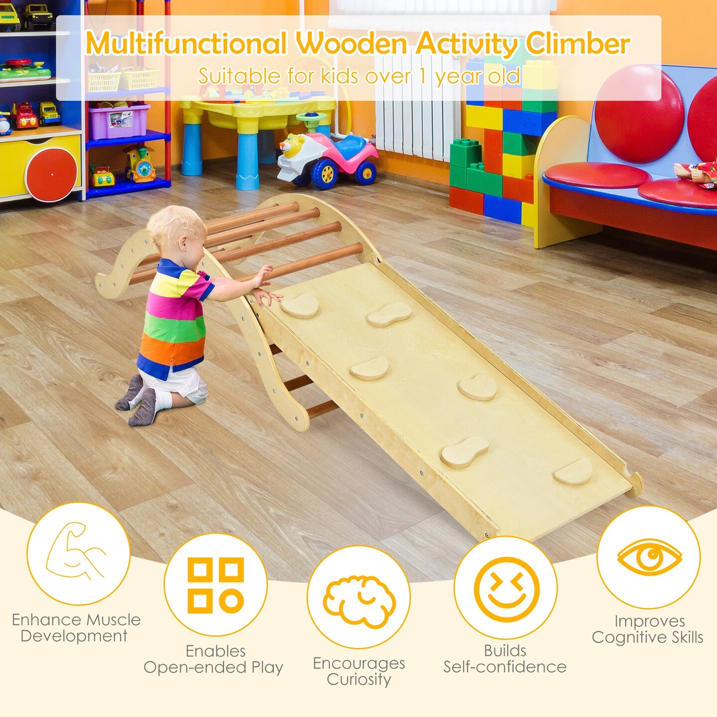 3-in-1 Kids Climber Set Wooden Arch Triangle Rocker with Ramp and Mat
