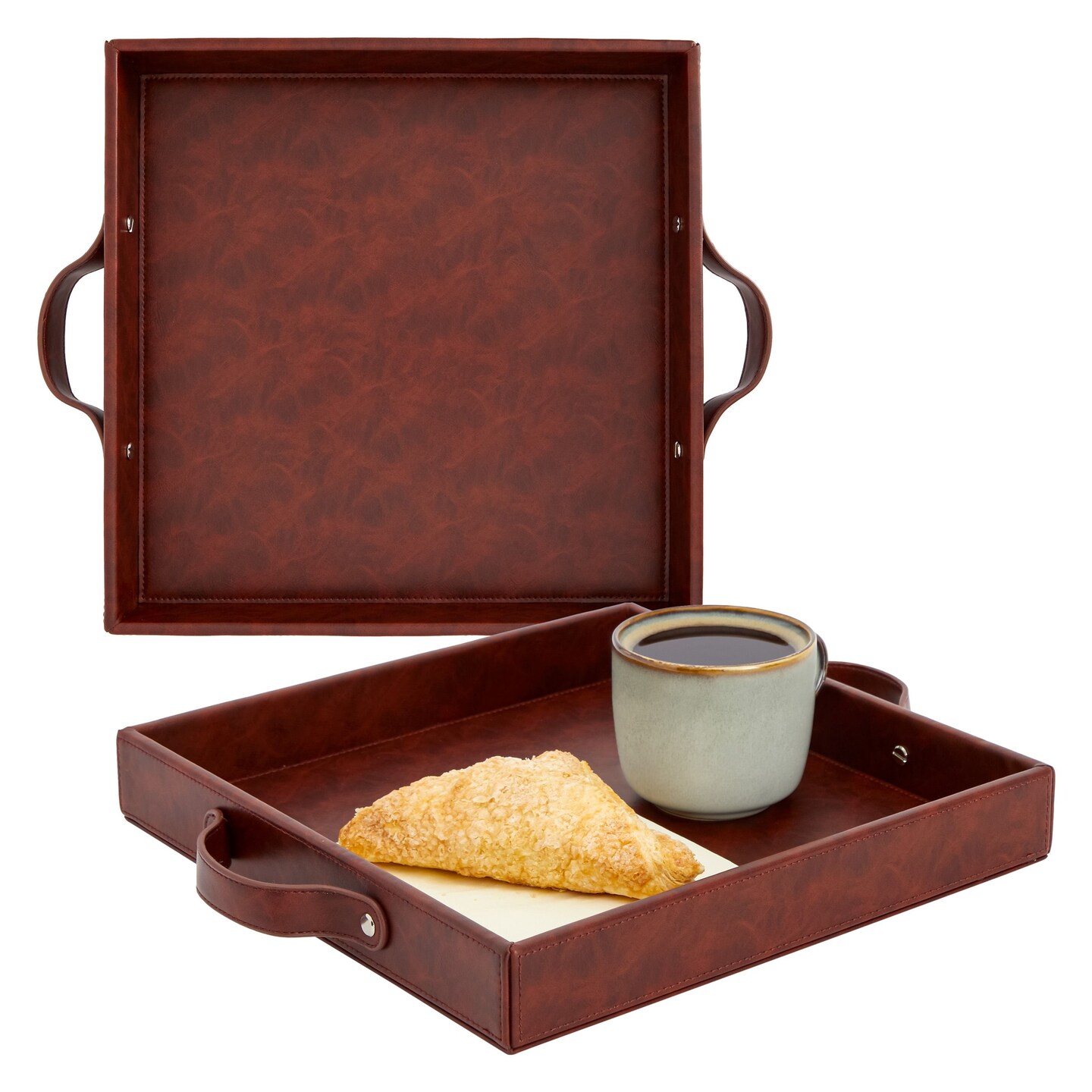 Set of 2 Square Leather Serving Trays, 12x12 Valet for with Handles for Ottoman, Coffee Table (Dark Brown)