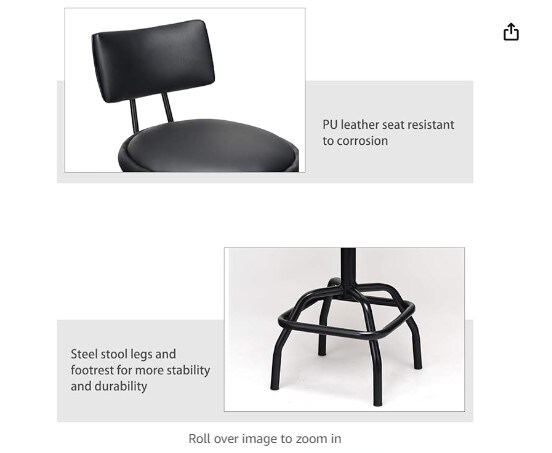 Adjustable Height Bar Stool, 360 Degree Swivel, Modern Guitar Stool with PU Leather Cushion, Heavy Duty Steel Frame for Bar, Shop, and Music, Garage, Black