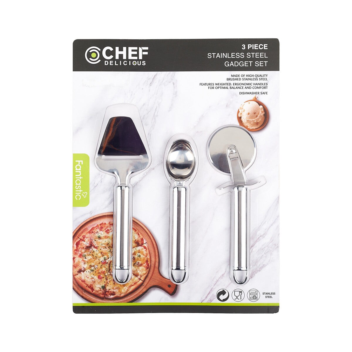 Chef Delicious 3-Piece Kitchen Tool Set - Cheese Slicer - Pizza Cutter - Ice