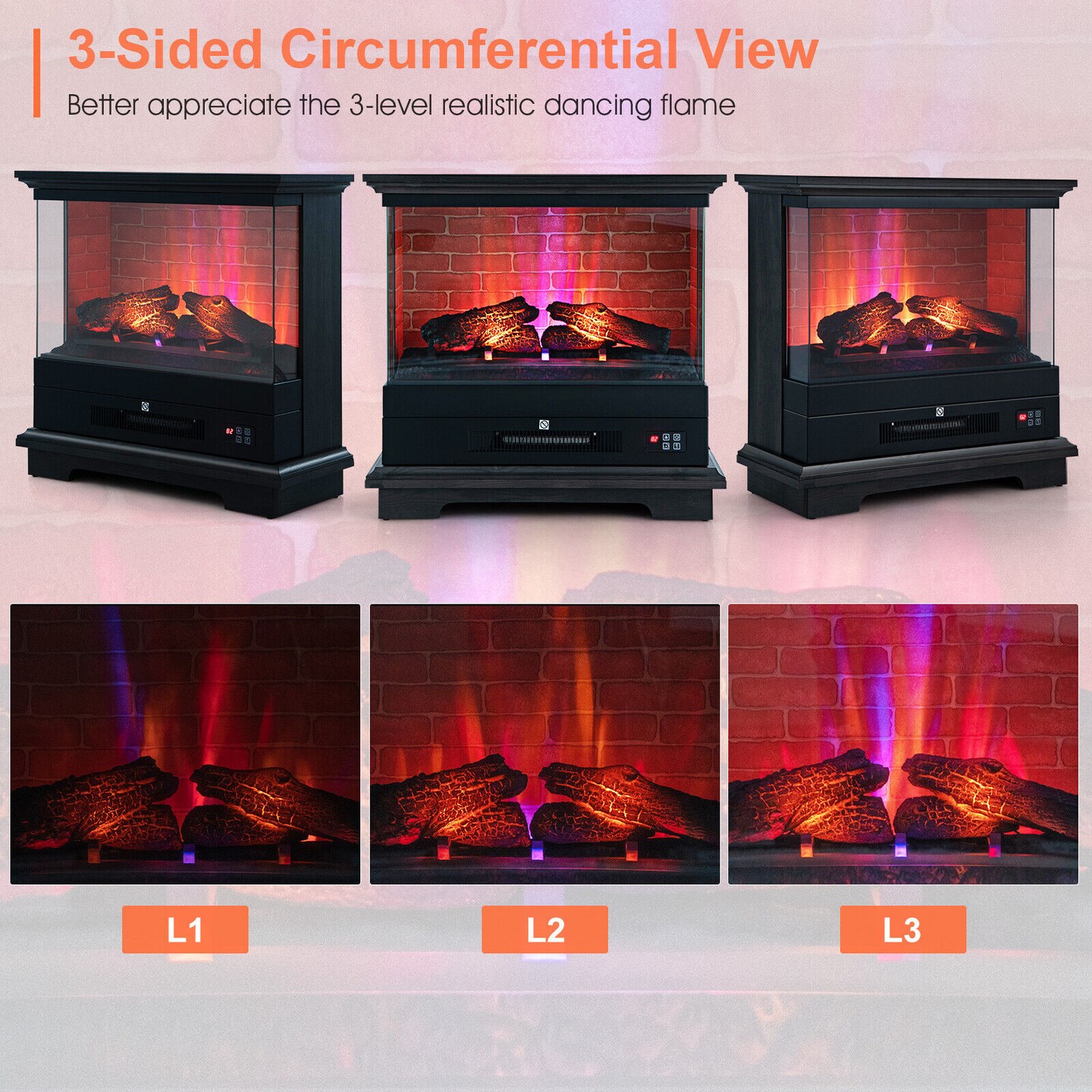 Freestanding Electric Fireplace with 3-Level Vivid Flame Thermostat