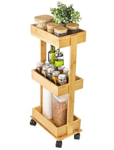 Slim Storage Cart, 3-Tier Bamboo Rolling Utility Cart Standing Rack on Wheel, Mobile Shelving Unit Organizer Serving Trolley Slide Out Cart for Office, Bathroom, Kitchen, Laundry Room and Narrow Place