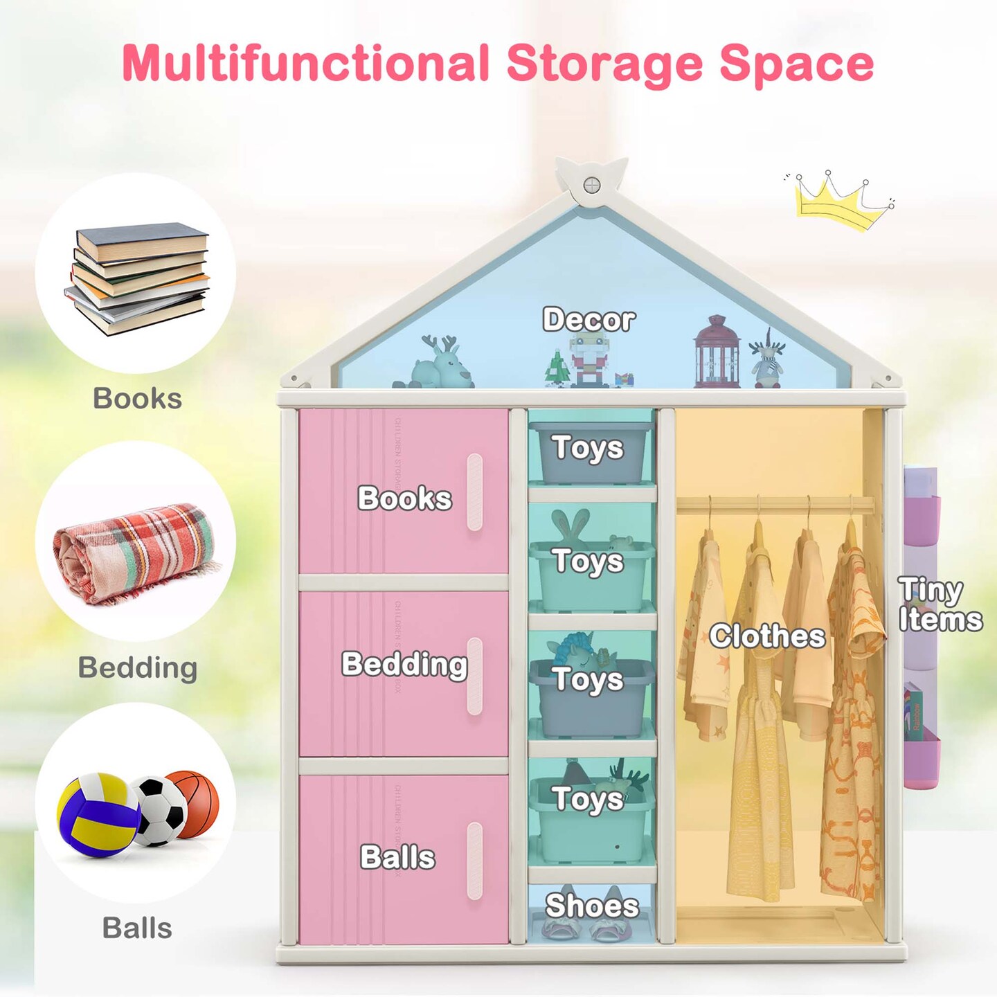 Costway Kids Costume Storage Closet Children Pretend Dresser with Storage Bins Shelves Grey/Pink/White