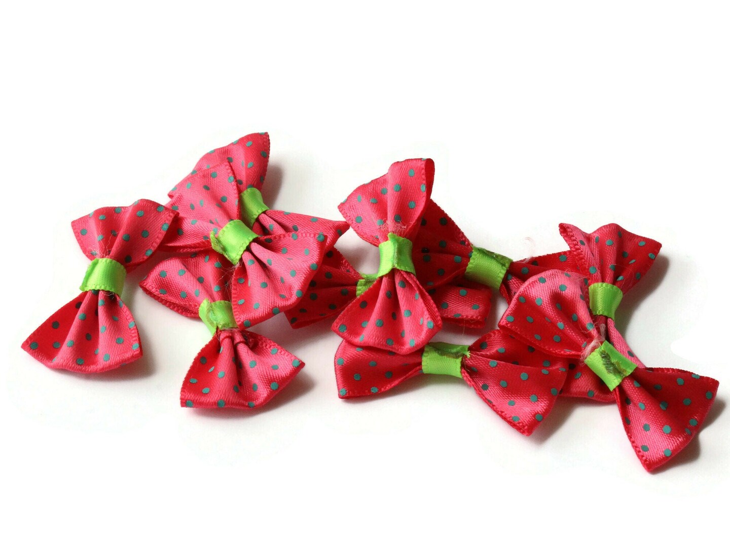 10 35mm Dark Pink and Green Polka Dot Bows - Loose Bow Embellishments
