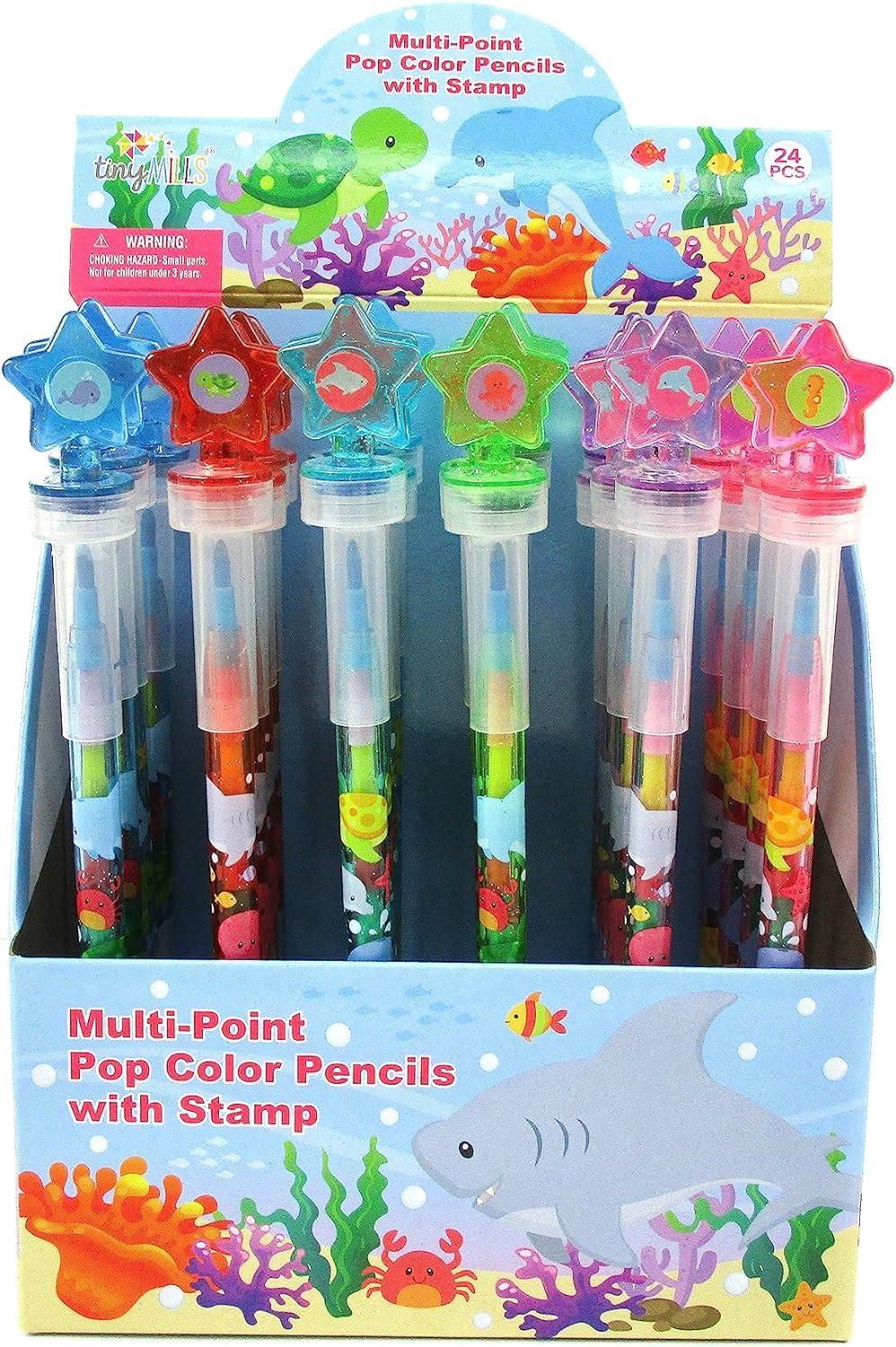 TINYMILLS 24 Pcs Sea Life Ocean Animals 2 in 1 Stackable Stacking Crayon with Extra Stamper Topper