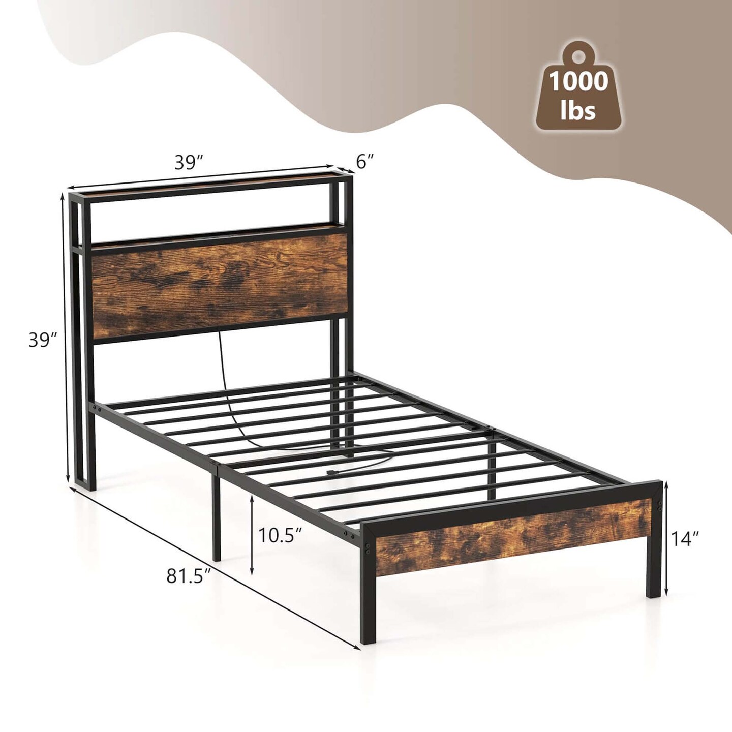 Costway Twin/Full/Queen Bed Frame with Storage Headboard Charging Station 18W USB C Port Rustic Brown