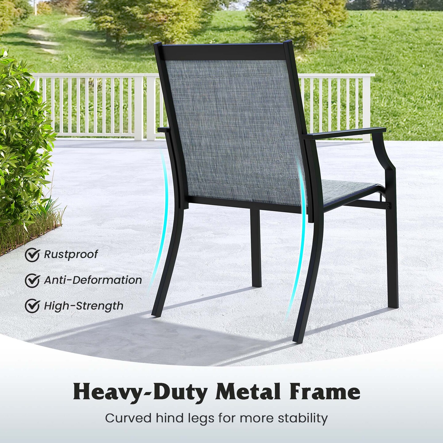 Costway 2 Piece Patio Dining Chairs Large Outdoor Chairs with Breathable Seat & Metal Frame Blue/Coffee/Grey/Red