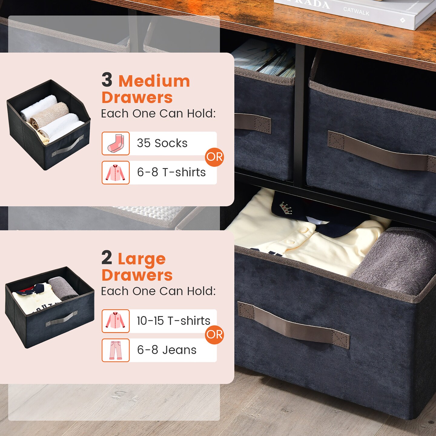 Costway 5-Drawer Storage Dresser Organizer Unit with  Fabric Bin for Living Room Bedroom