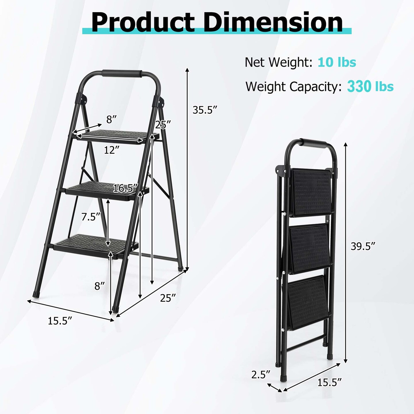 Costway 3 Step Ladder Folding Step Stool 330lbs Capacity w/ Anti-Slip Pedal &#x26; Handle