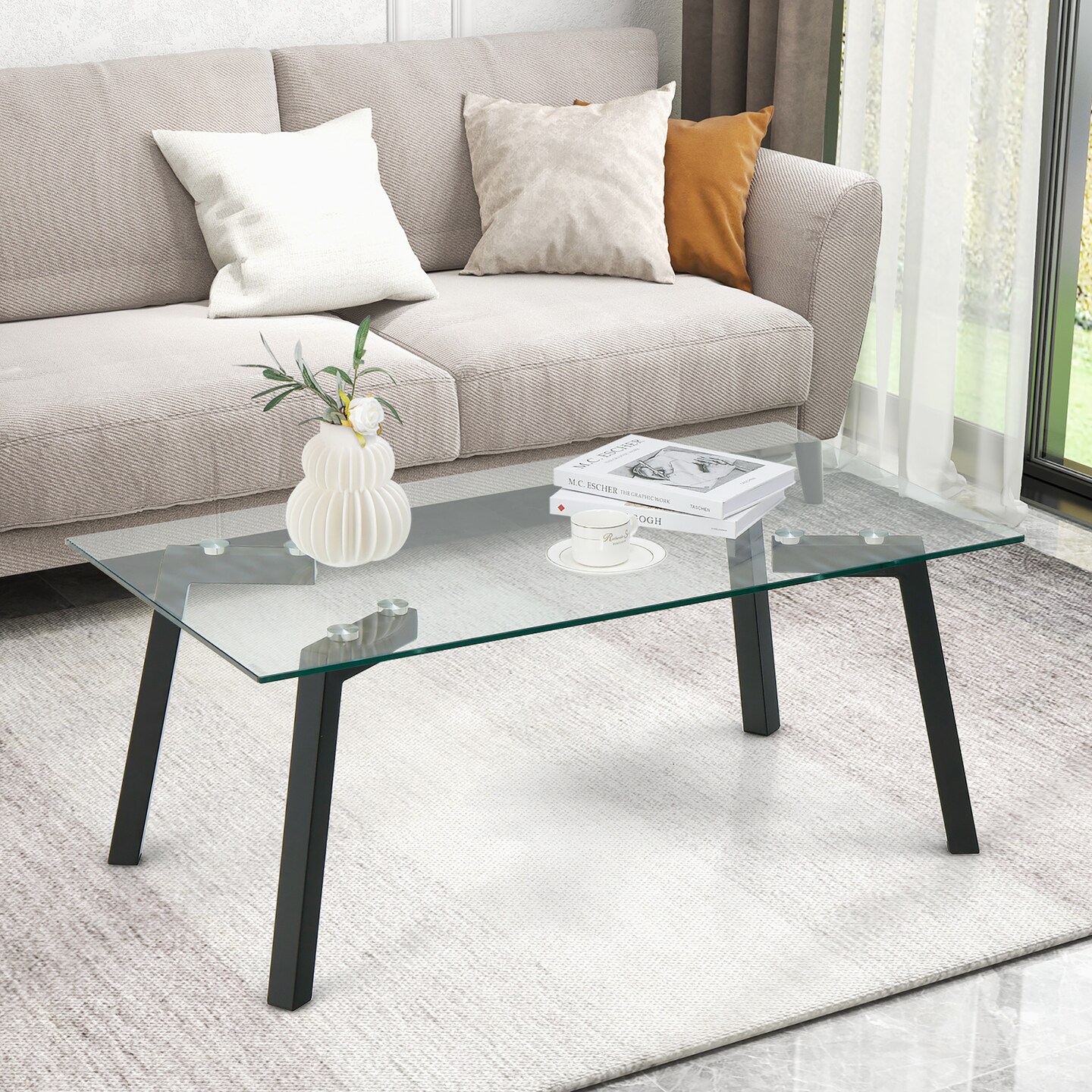 Costway Tempered Glass Coffee Table Modern Center Table with Metal Frame for Living Room