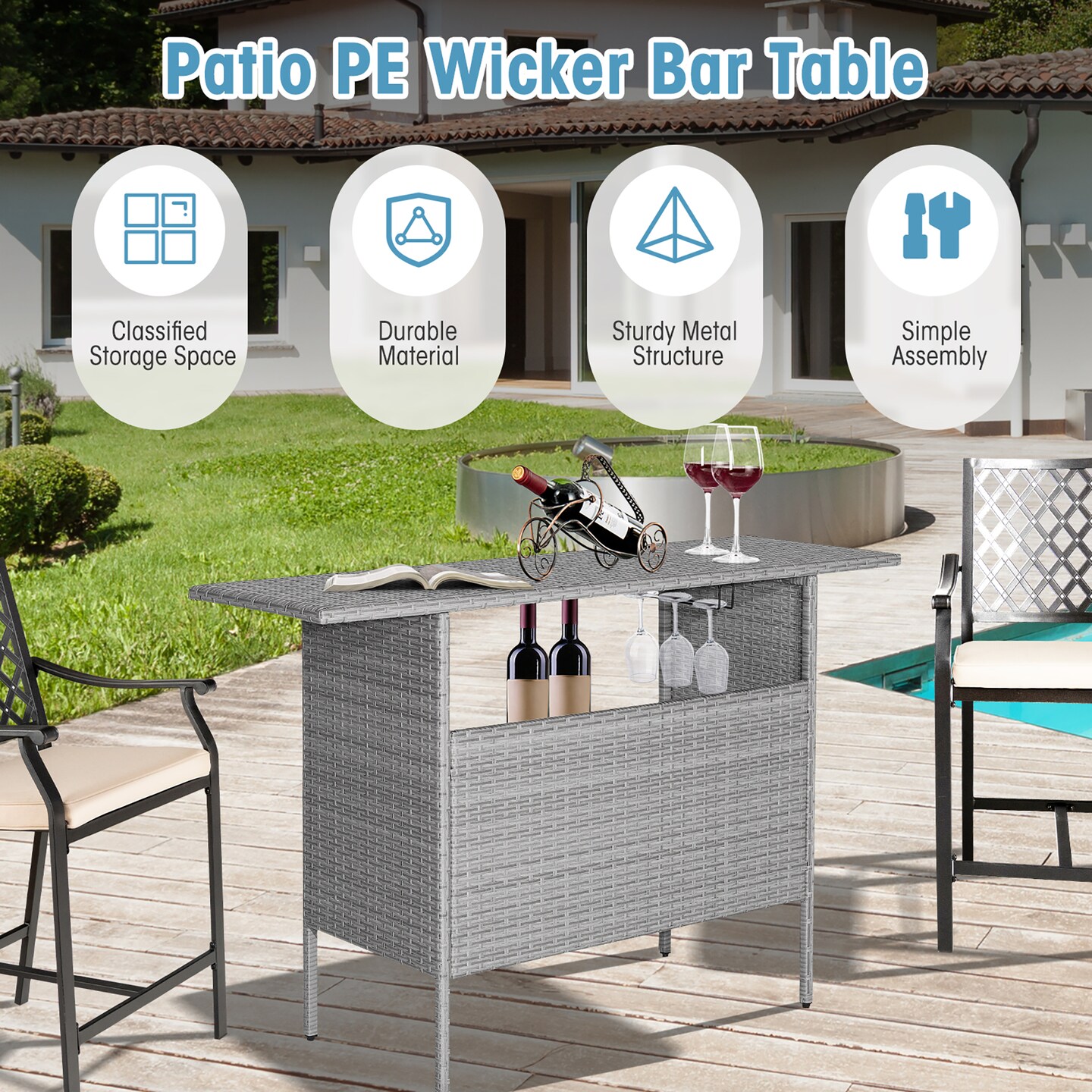 Costway Patio Rattan Wicker Bar Height Counter Table Storage Shelf Rail Garden Mix Gray
