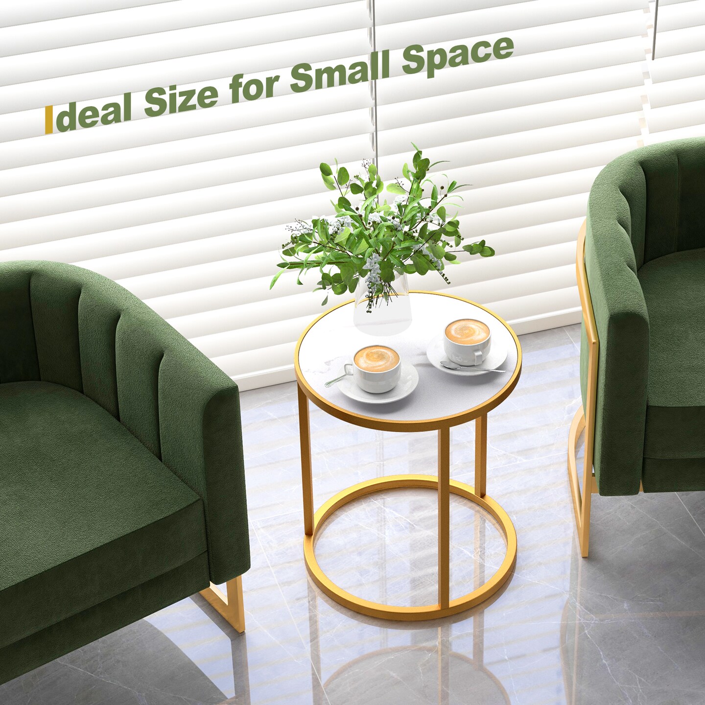 Marble Top Round Side Table 16-inch End Table With Golden Metal Frame-2 Pieces