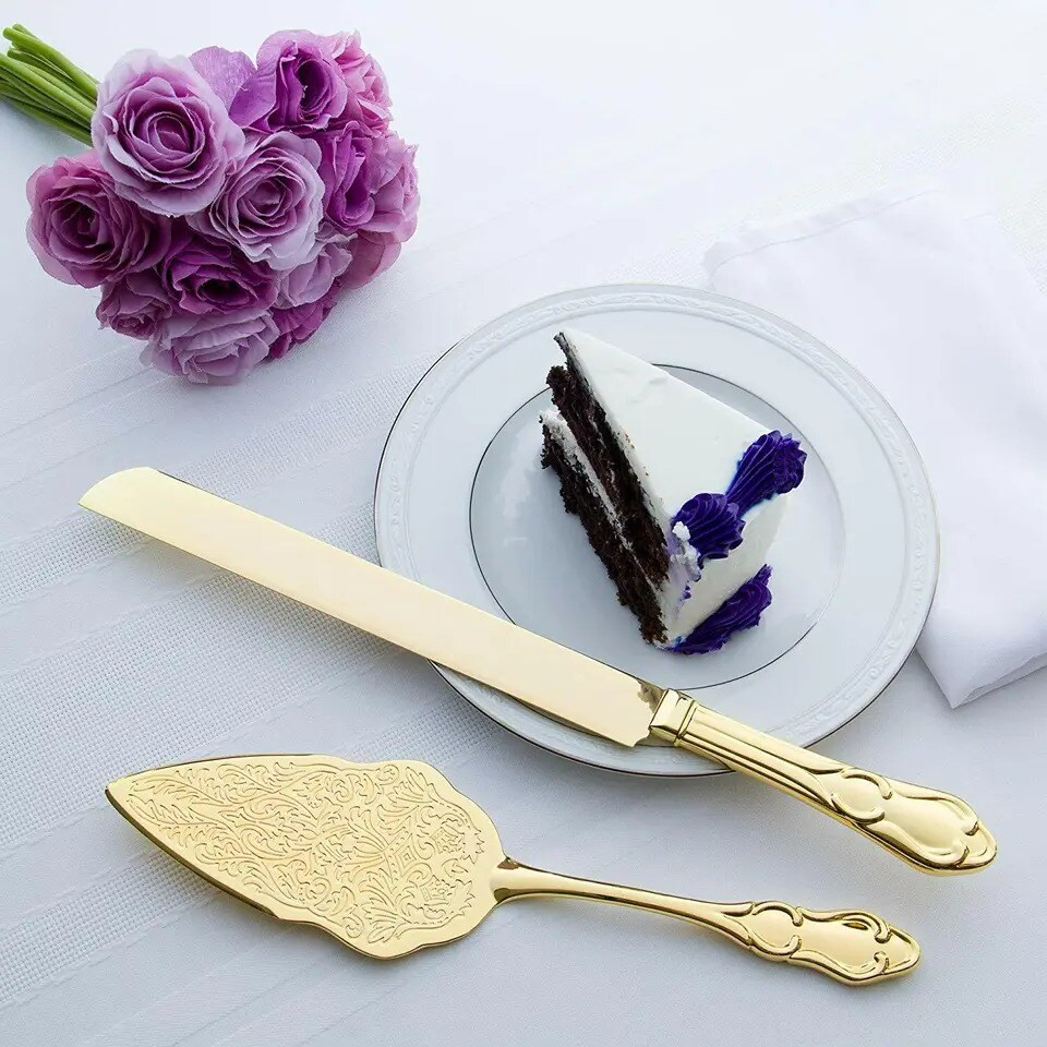 Gold Wedding Cake Knife &#x26; Server Set, Vintage Cake Cutting Utensils (Gold)