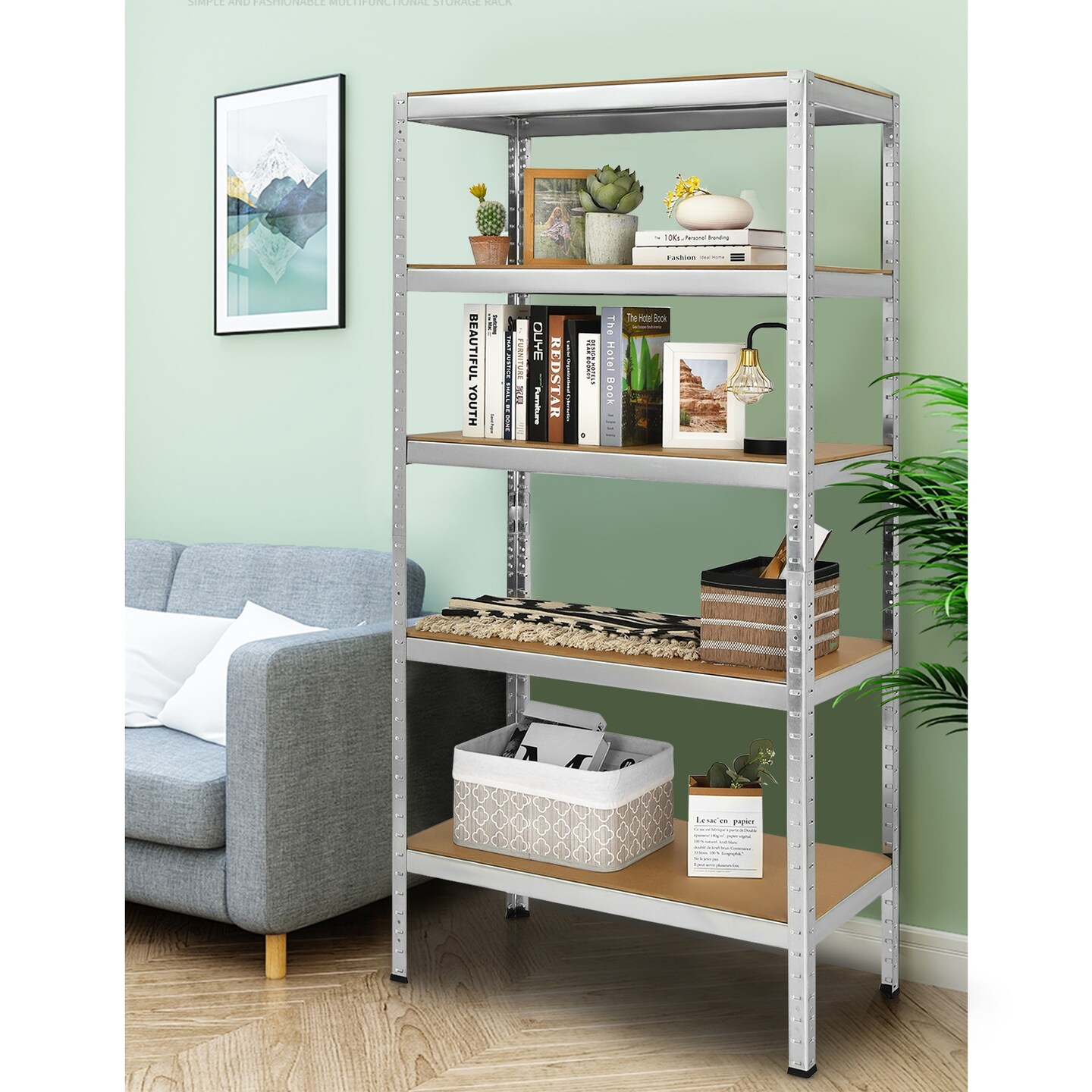 5 Tier Garage Storage Shelf Heavy Duty Steel Rack with Adjustable MDF Shelves for Home and Shop