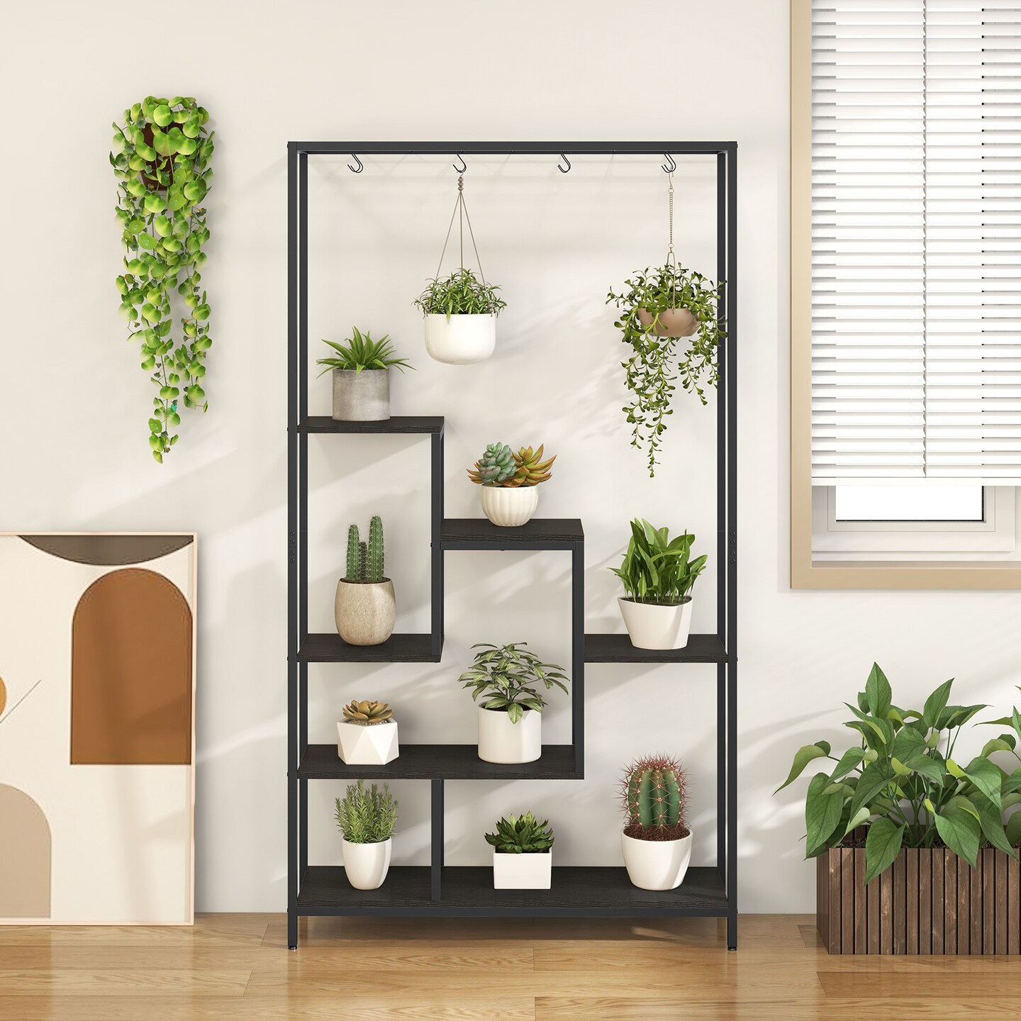 6-tier Tall Plant Stand 71" Metal Indoor Plant Shelf With 10 Hanging Hooks