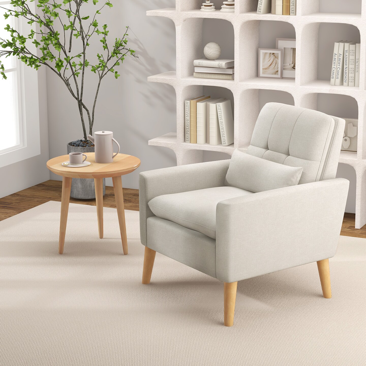 Accent Chair With Lumbar Pillow  Natural Rubber Wood Legs  Padded Cushions-beige