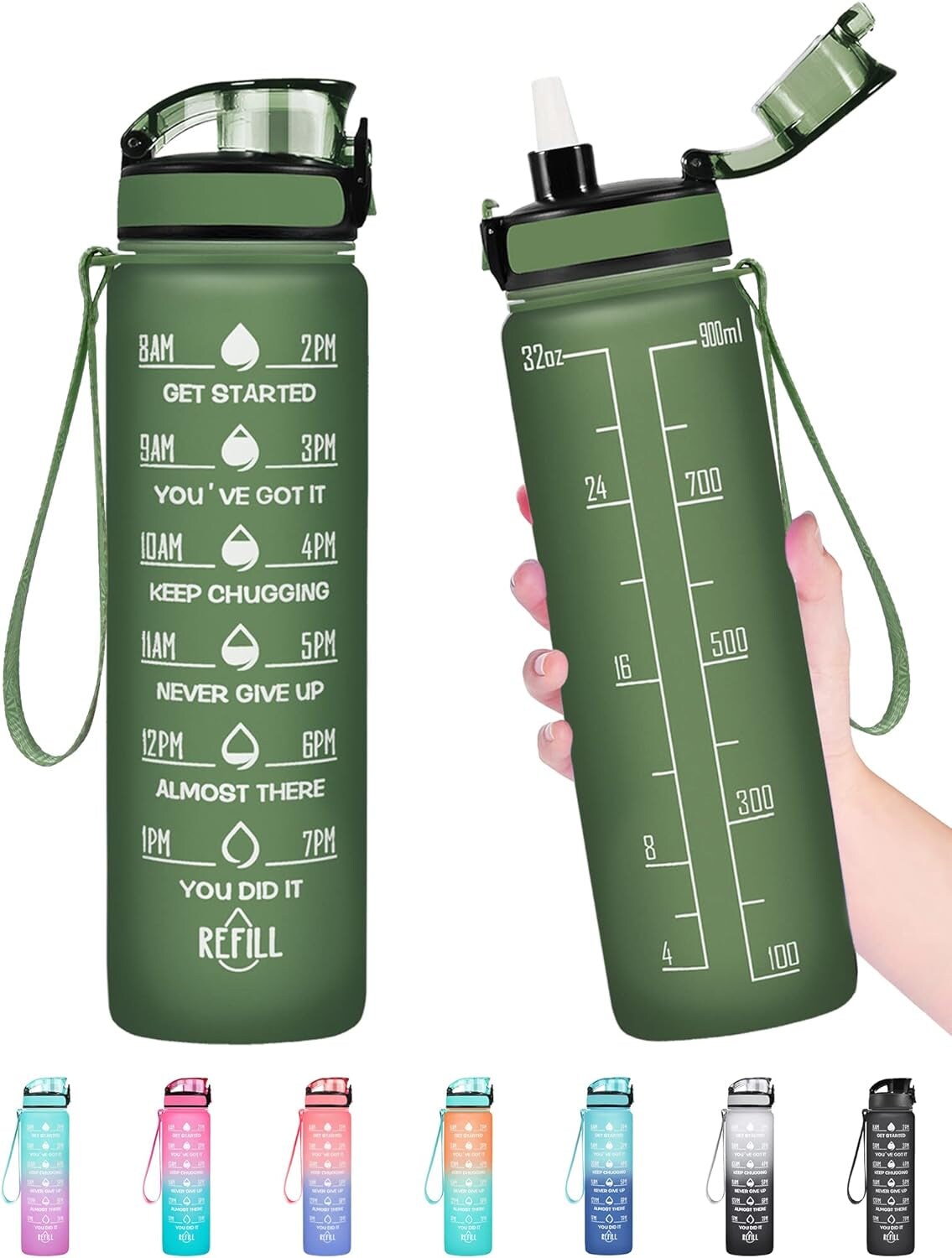 32 Oz Water Bottle, Leakproof BPA &#x26; Toxic Free, Motivational Water Bottle with Times to Drink and Straw, Fitness Sports Water Bottle with Strap for Office, Gym, Outdoor Sports, Gray-Black